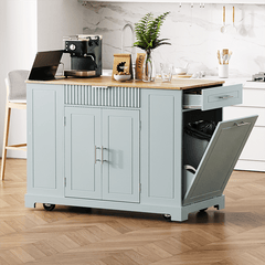 Bellemave® Fluted Kitchen Island on 5 Wheels with Trash Can Storage Cabinet, Power Outlet, Internal Storage Rack, 3 Drawer and 3 Open Side Racks - Bellemave