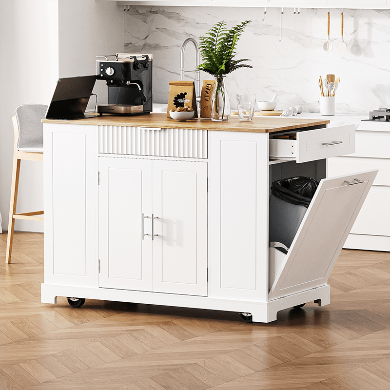 Bellemave® Fluted Kitchen Island on 5 Wheels with Trash Can Storage Cabinet, Power Outlet, Internal Storage Rack, 3 Drawer and 3 Open Side Racks - Bellemave