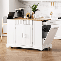 Bellemave® Fluted Kitchen Island on 5 Wheels with Trash Can Storage Cabinet, Power Outlet, Internal Storage Rack, 3 Drawer and 3 Open Side Racks - Bellemave
