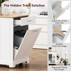 Bellemave® Fluted Kitchen Island on 5 Wheels with Trash Can Storage Cabinet, Power Outlet, Internal Storage Rack, 3 Drawer and 3 Open Side Racks - Bellemave