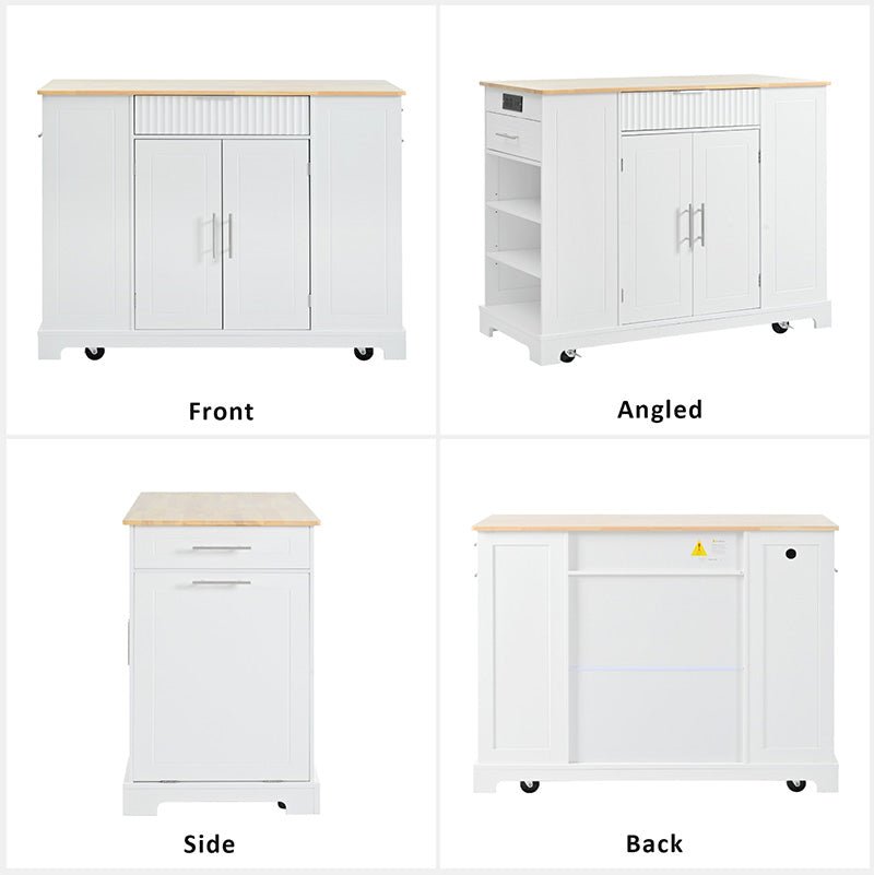 Bellemave® Fluted Kitchen Island on 5 Wheels with Trash Can Storage Cabinet, Power Outlet, Internal Storage Rack, 3 Drawer and 3 Open Side Racks - Bellemave