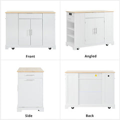 Bellemave® Fluted Kitchen Island on 5 Wheels with Trash Can Storage Cabinet, Power Outlet, Internal Storage Rack, 3 Drawer and 3 Open Side Racks - Bellemave