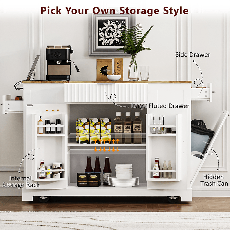 Bellemave® Fluted Kitchen Island on 5 Wheels with Trash Can Storage Cabinet, Power Outlet, Internal Storage Rack, 3 Drawer and 3 Open Side Racks - Bellemave