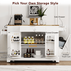 Bellemave® Fluted Kitchen Island on 5 Wheels with Trash Can Storage Cabinet, Power Outlet, Internal Storage Rack, 3 Drawer and 3 Open Side Racks - Bellemave