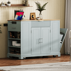Bellemave® Fluted Kitchen Island on 5 Wheels with Trash Can Storage Cabinet, Power Outlet, Internal Storage Rack, 3 Drawer and 3 Open Side Racks - Bellemave