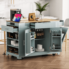 Bellemave® Fluted Kitchen Island on 5 Wheels with Trash Can Storage Cabinet, Power Outlet, Internal Storage Rack, 3 Drawer and 3 Open Side Racks - Bellemave