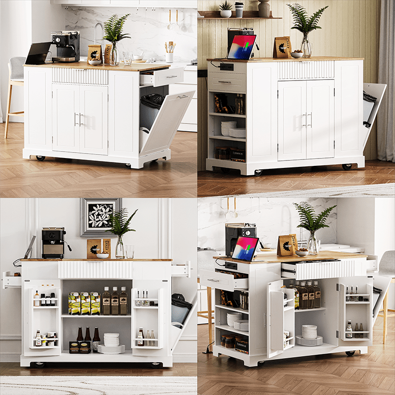 Bellemave® Fluted Kitchen Island on 5 Wheels with Trash Can Storage Cabinet, Power Outlet, Internal Storage Rack, 3 Drawer and 3 Open Side Racks - Bellemave