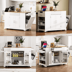 Bellemave® Fluted Kitchen Island on 5 Wheels with Trash Can Storage Cabinet, Power Outlet, Internal Storage Rack, 3 Drawer and 3 Open Side Racks - Bellemave