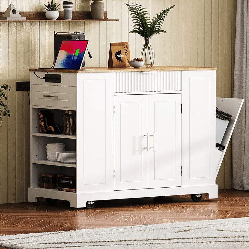Bellemave® Fluted Kitchen Island on 5 Wheels with Trash Can Storage Cabinet, Power Outlet, Internal Storage Rack, 3 Drawer and 3 Open Side Racks - Bellemave