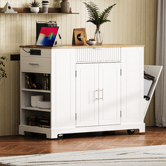 Bellemave® Fluted Kitchen Island on 5 Wheels with Trash Can Storage Cabinet, Power Outlet, Internal Storage Rack, 3 Drawer and 3 Open Side Racks - Bellemave