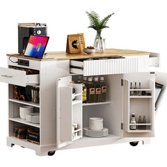 Bellemave® Fluted Kitchen Island on 5 Wheels with Trash Can Storage Cabinet, Power Outlet, Internal Storage Rack, 3 Drawer and 3 Open Side Racks - Bellemave