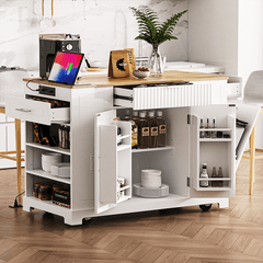 Bellemave® Fluted Kitchen Island on 5 Wheels with Trash Can Storage Cabinet, Power Outlet, Internal Storage Rack, 3 Drawer and 3 Open Side Racks - Bellemave