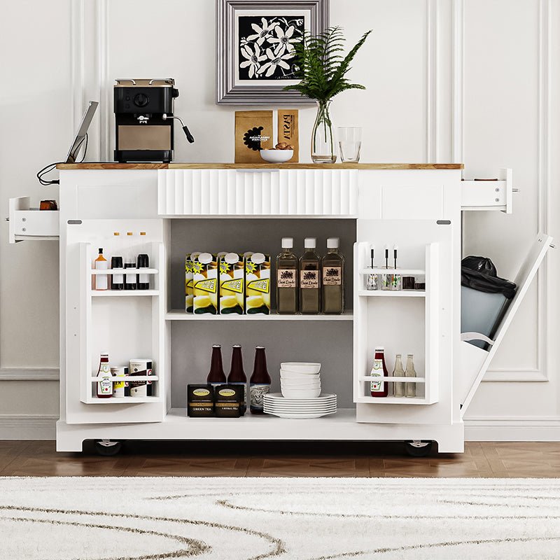 Bellemave® Fluted Kitchen Island on 5 Wheels with Trash Can Storage Cabinet, Power Outlet, Internal Storage Rack, 3 Drawer and 3 Open Side Racks - Bellemave