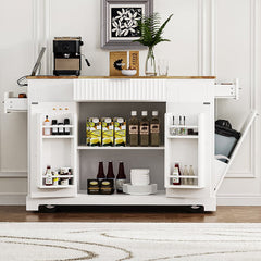 Bellemave® Fluted Kitchen Island on 5 Wheels with Trash Can Storage Cabinet, Power Outlet, Internal Storage Rack, 3 Drawer and 3 Open Side Racks - Bellemave