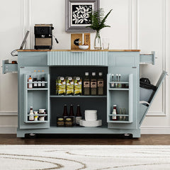 Bellemave® Fluted Kitchen Island on 5 Wheels with Trash Can Storage Cabinet, Power Outlet, Internal Storage Rack, 3 Drawer and 3 Open Side Racks - Bellemave