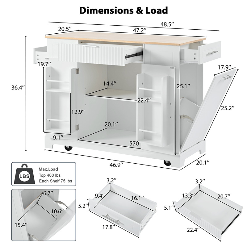 Bellemave® Fluted Kitchen Island on 5 Wheels with Trash Can Storage Cabinet, Power Outlet, Internal Storage Rack, 3 Drawer and 3 Open Side Racks - Bellemave
