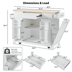Bellemave® Fluted Kitchen Island on 5 Wheels with Trash Can Storage Cabinet, Power Outlet, Internal Storage Rack, 3 Drawer and 3 Open Side Racks - Bellemave