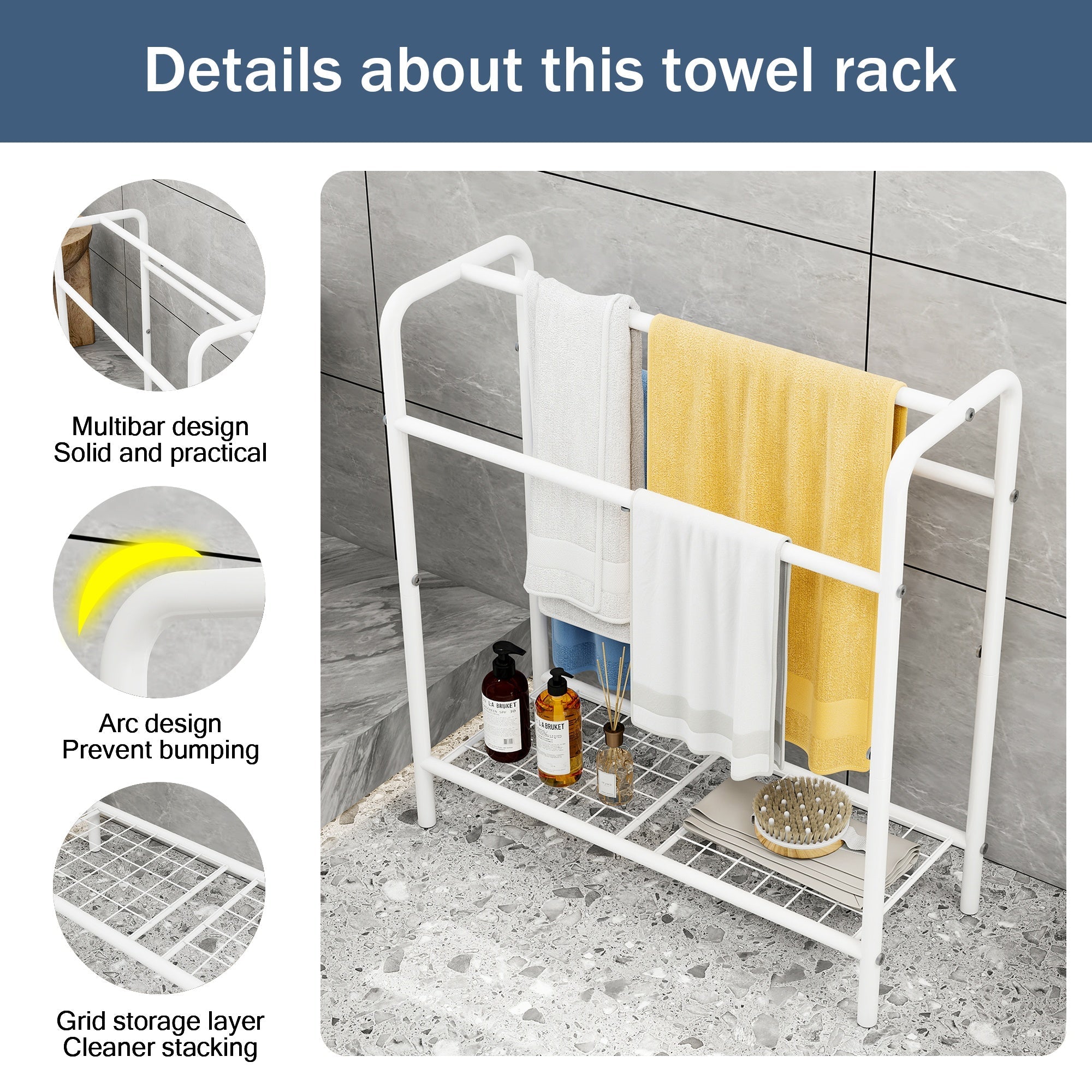 Bellemave® Freestanding 3 Tier Metal Towel Rack Storage Display Rack, Space Saving, for Bathroom, Bedroom & Swimming Pool - Bellemave