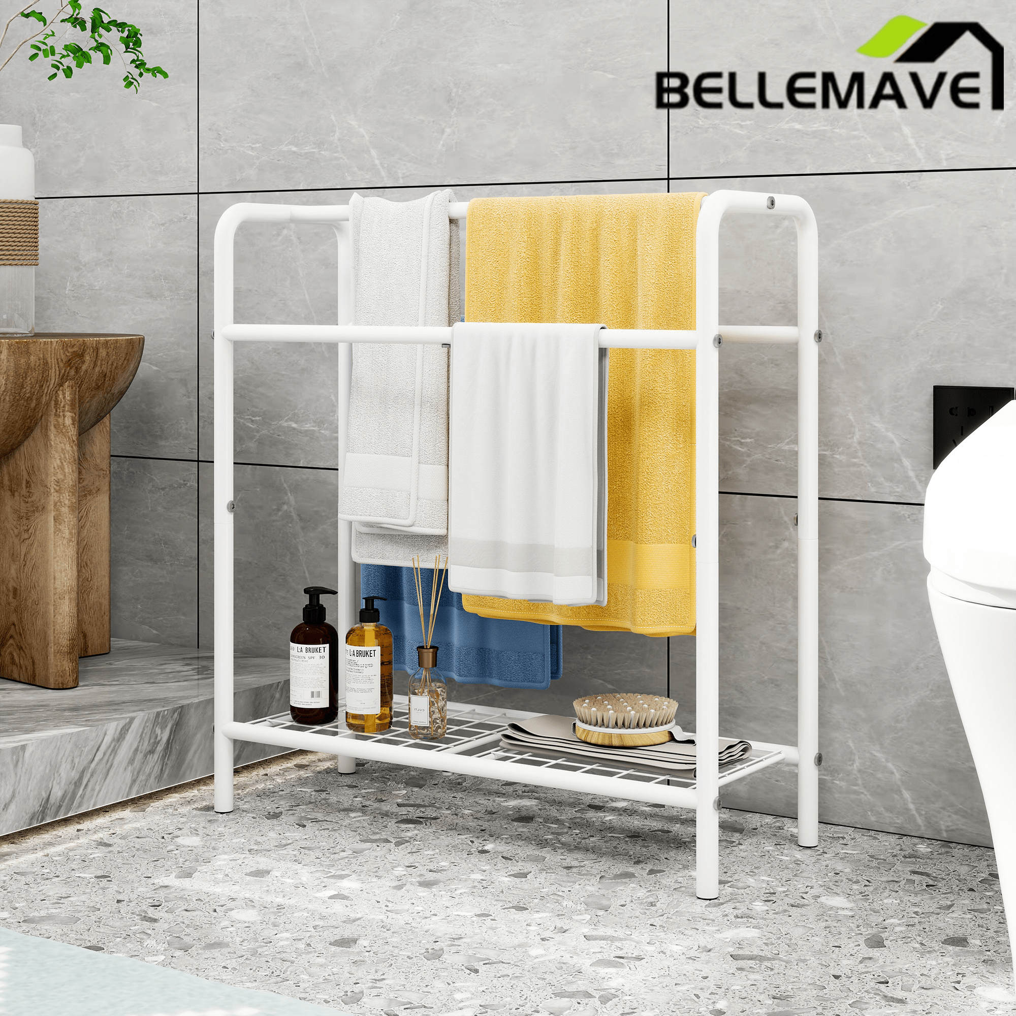 Bellemave® Freestanding 3 Tier Metal Towel Rack Storage Display Rack, Space Saving, for Bathroom, Bedroom & Swimming Pool - Bellemave