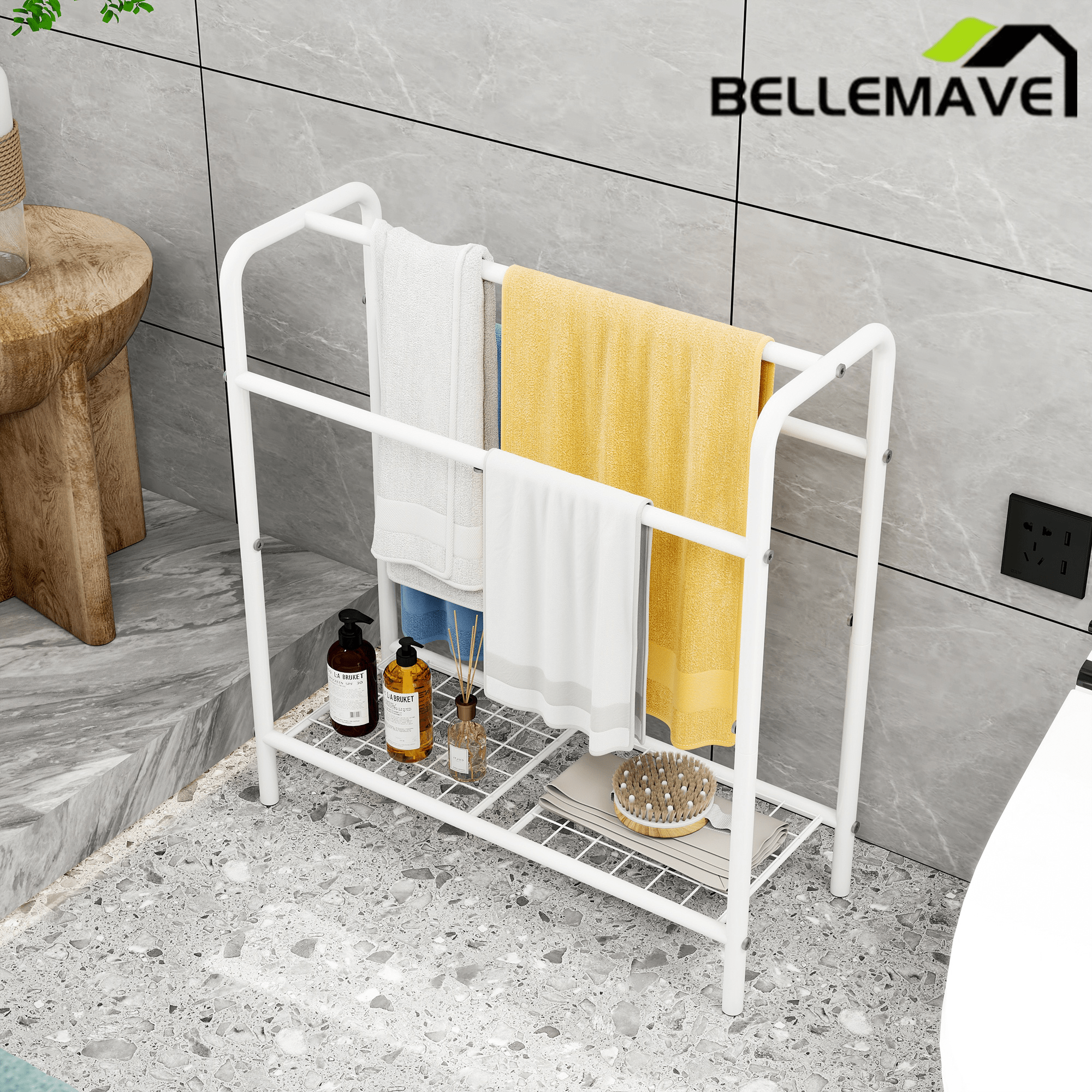 Bellemave® Freestanding 3 Tier Metal Towel Rack Storage Display Rack, Space Saving, for Bathroom, Bedroom & Swimming Pool - Bellemave