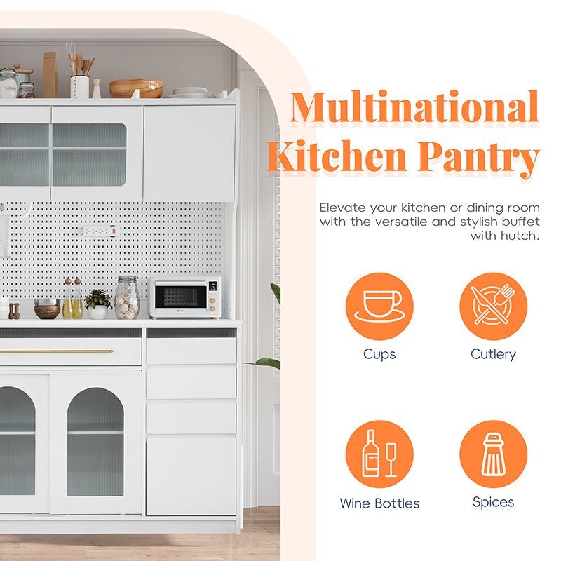 Bellemave® Freestanding 63" Buffet with Hutch and 6 Drawers, 5 Cabinets with Adjustable Shelves,Pegboard,Towel Rack, Power Outlet - Bellemave