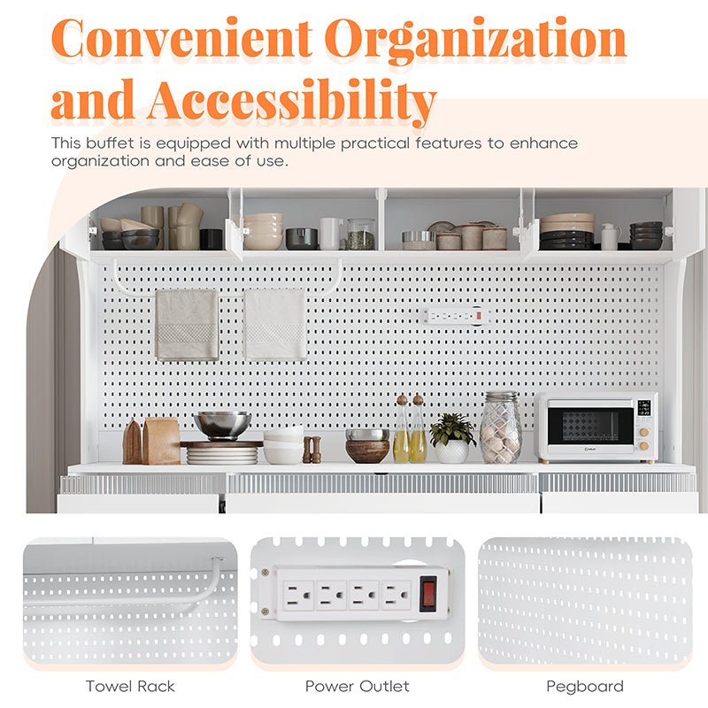 Bellemave® Freestanding 63" Buffet with Hutch and 6 Drawers, 5 Cabinets with Adjustable Shelves,Pegboard,Towel Rack, Power Outlet - Bellemave