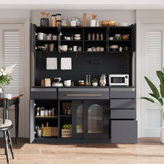 Bellemave® Freestanding 63" Buffet with Hutch and 6 Drawers, 5 Cabinets with Adjustable Shelves,Pegboard,Towel Rack, Power Outlet - Bellemave
