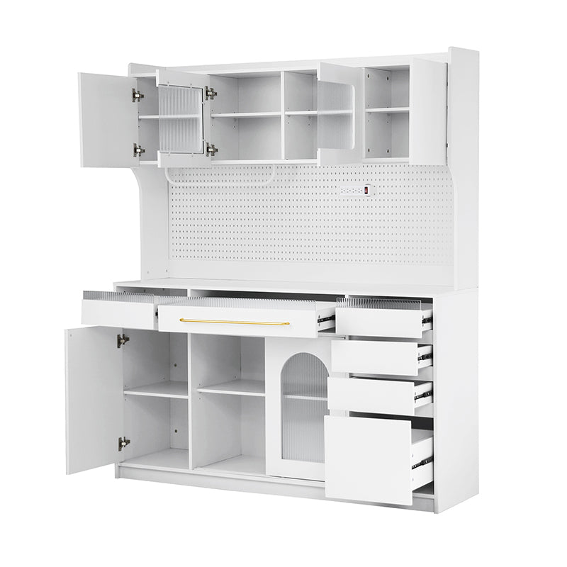 Bellemave® Freestanding 63" Buffet with Hutch and 6 Drawers, 5 Cabinets with Adjustable Shelves,Pegboard,Towel Rack, Power Outlet - Bellemave