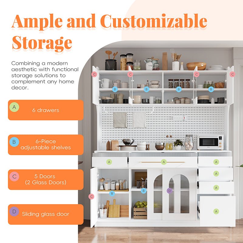 Bellemave® Freestanding 63" Buffet with Hutch and 6 Drawers, 5 Cabinets with Adjustable Shelves,Pegboard,Towel Rack, Power Outlet - Bellemave