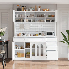 Bellemave® Freestanding 63" Buffet with Hutch and 6 Drawers, 5 Cabinets with Adjustable Shelves,Pegboard,Towel Rack, Power Outlet - Bellemave