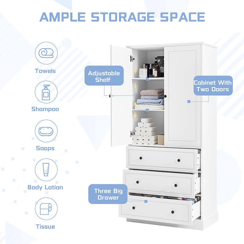 Bellemave® Freestanding Bathroom Storage Cabinet with Adjustable Shelves, Doors & 3 Large Drawers - Bellemave
