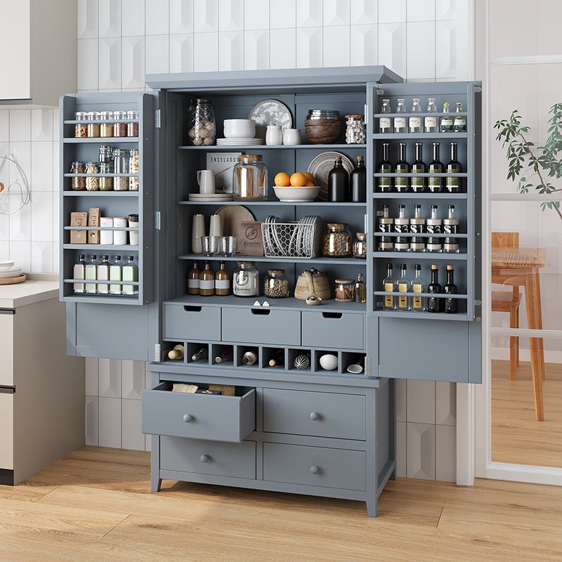 Bellemave® Freestanding Large Kitchen Pantry with 8 Door Shelves,3 Adjustable Shelves,7 Drawers& 8 Wine Racks - Bellemave