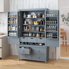 Bellemave® Freestanding Large Kitchen Pantry with 8 Door Shelves,3 Adjustable Shelves,7 Drawers& 8 Wine Racks - Bellemave