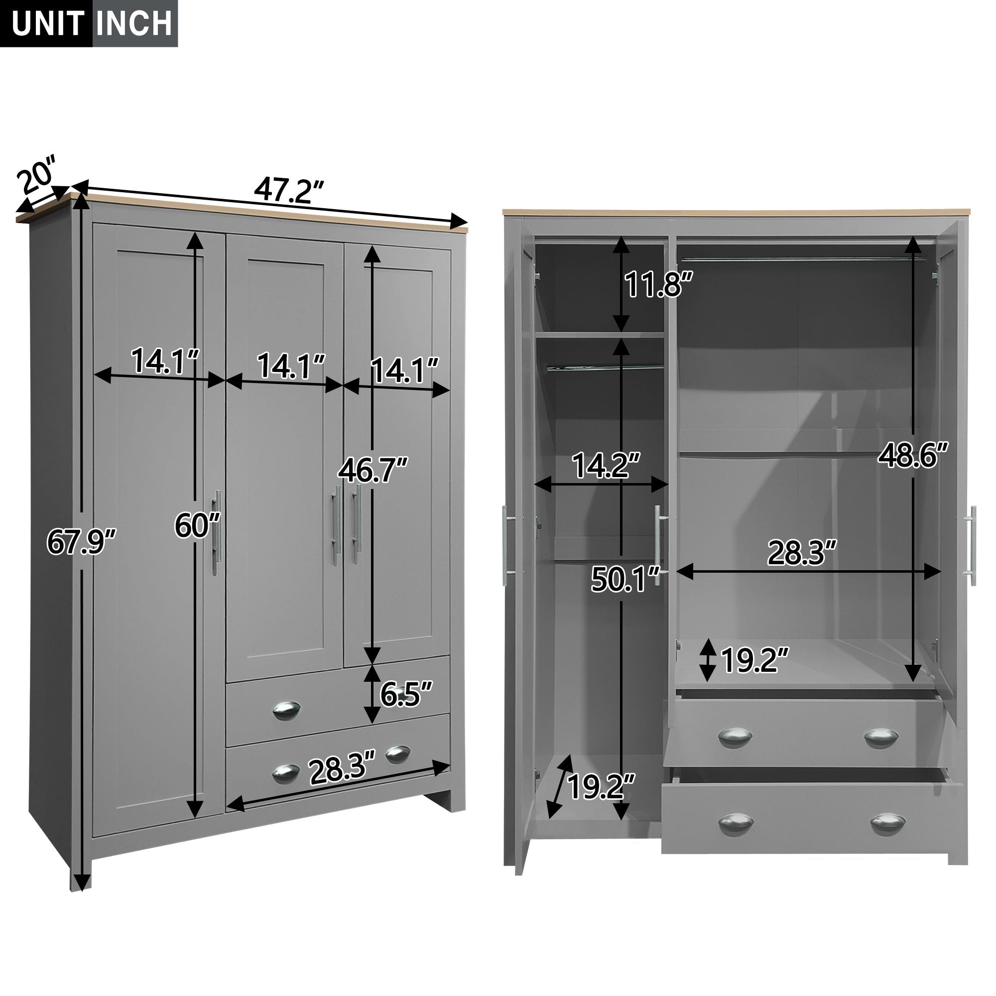 Bellemave® Freestanding Wooden Wardrobe Cabinet 67.9" H with 2 Hanging Rods, 2 Drawers & Shelves for Bedroom, Gray - Bellemave