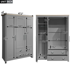 Bellemave® Freestanding Wooden Wardrobe Cabinet 67.9" H with 2 Hanging Rods, 2 Drawers & Shelves for Bedroom, Gray - Bellemave