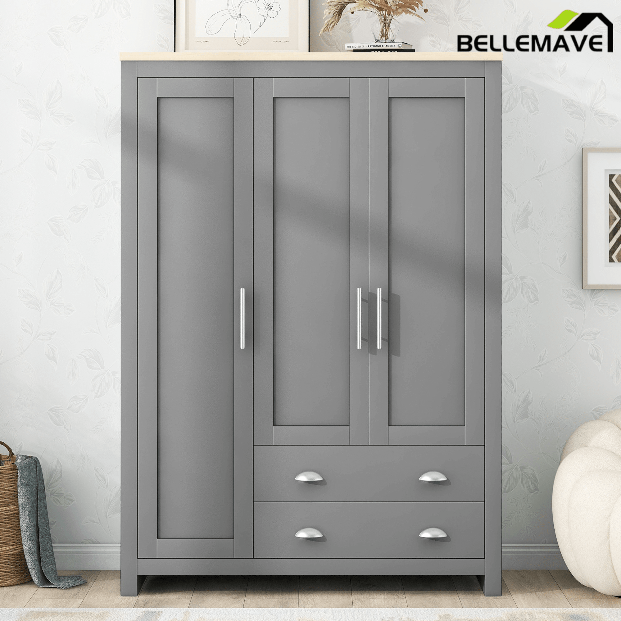 Bellemave® Freestanding Wooden Wardrobe Cabinet 67.9" H with 2 Hanging Rods, 2 Drawers & Shelves for Bedroom, Gray - Bellemave