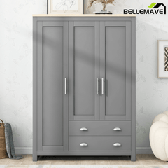 Bellemave® Freestanding Wooden Wardrobe Cabinet 67.9" H with 2 Hanging Rods, 2 Drawers & Shelves for Bedroom, Gray - Bellemave