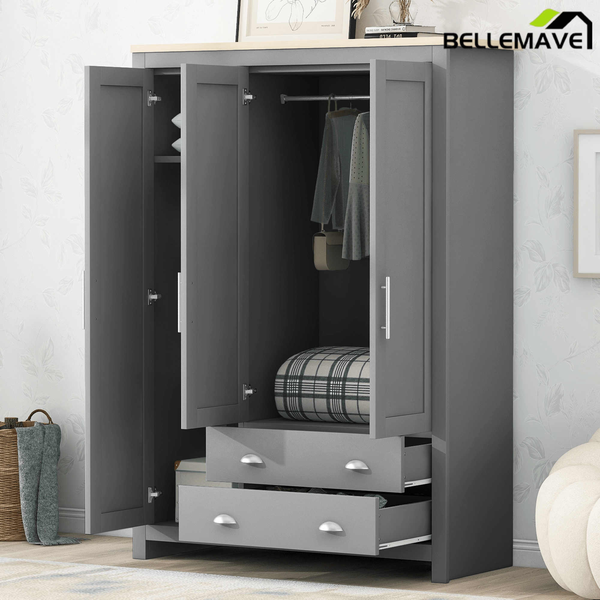 Bellemave® Freestanding Wooden Wardrobe Cabinet 67.9" H with 2 Hanging Rods, 2 Drawers & Shelves for Bedroom, Gray - Bellemave