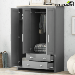 Bellemave® Freestanding Wooden Wardrobe Cabinet 67.9" H with 2 Hanging Rods, 2 Drawers & Shelves for Bedroom, Gray - Bellemave