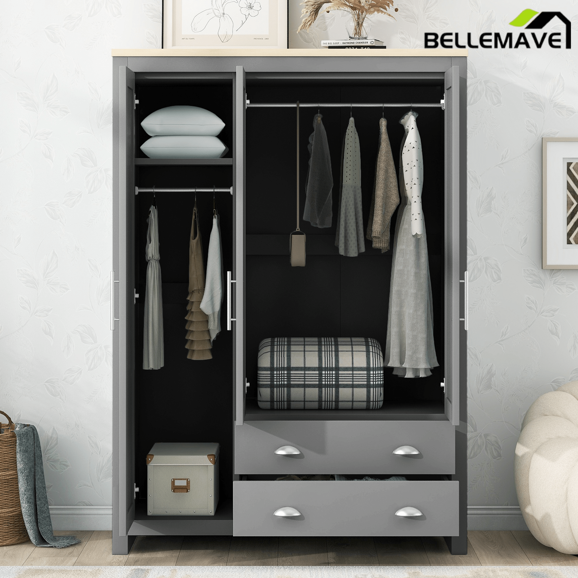 Bellemave® Freestanding Wooden Wardrobe Cabinet 67.9" H with 2 Hanging Rods, 2 Drawers & Shelves for Bedroom, Gray - Bellemave
