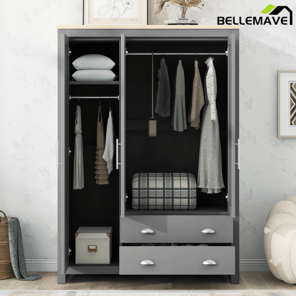 Bellemave® Freestanding Wooden Wardrobe Cabinet 67.9" H with 2 Hanging Rods, 2 Drawers & Shelves for Bedroom, Gray - Bellemave