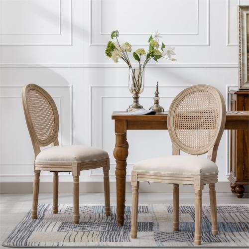 Bellemave® French Style Solid Wood Frame Linen Fabric Rattan Back Dining Chair,Set of 2 - Bellemave