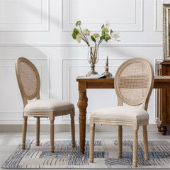 Bellemave® French Style Solid Wood Frame Linen Fabric Rattan Back Dining Chair,Set of 2 - Bellemave