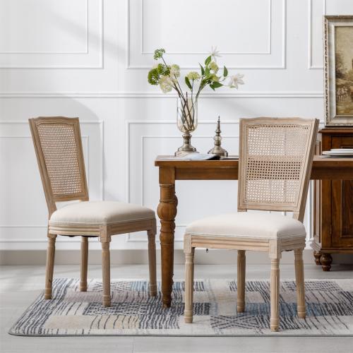 Bellemave® French Style Solid Wood Frame Linen Fabric Square Rattan Back Dining Chair,Set of 2 - Bellemave