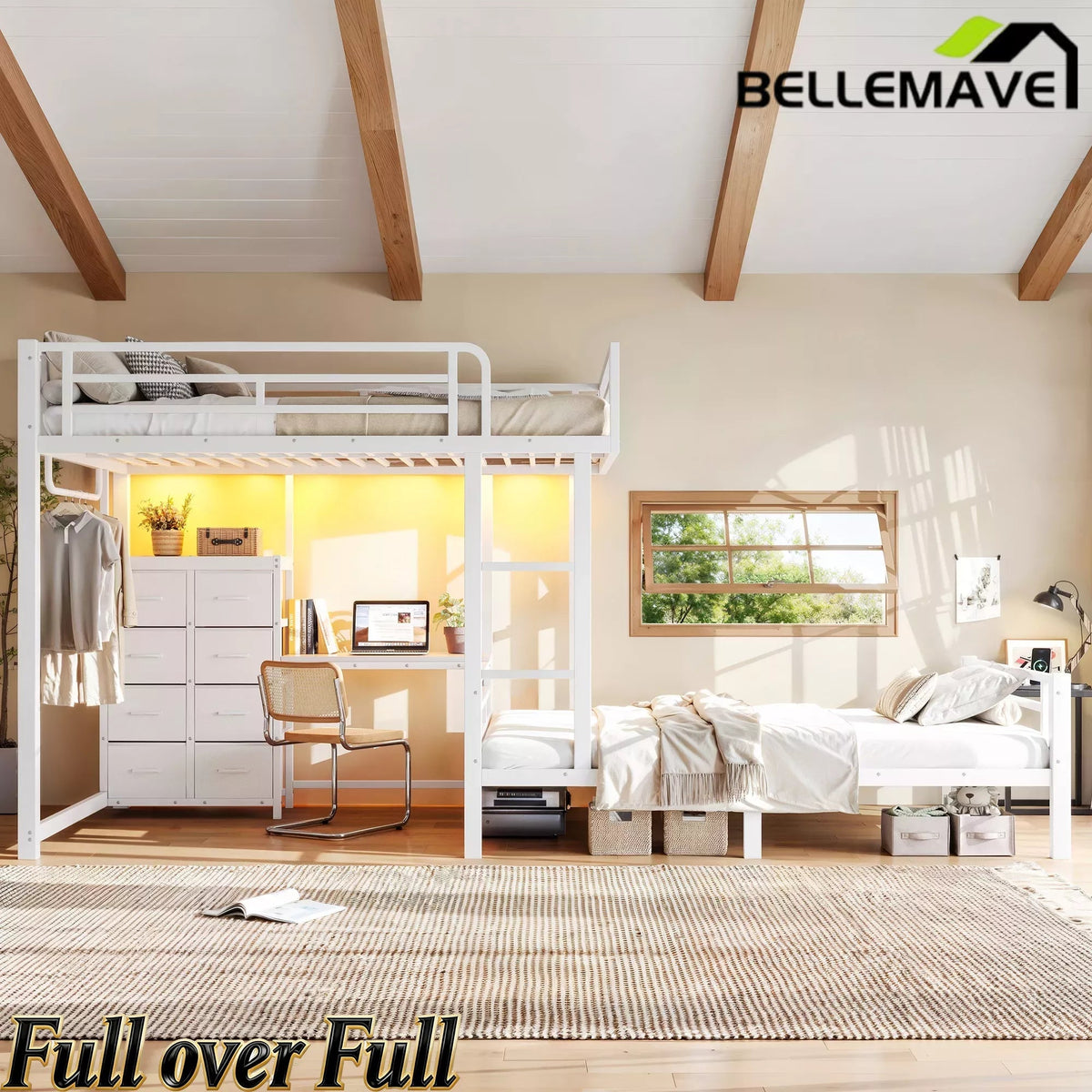 Bellemave® Full Bunk Bed with 8 Storage Drawers & Shelves, Built in Study Desk | Metal Bed with Hanging Rod & Detachable Hanging USB for Teens,Adults - Bellemave
