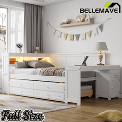 Bellemave® Full Corner Bed Frame, Full Size Captain beds with Storage Cabinets & Desk, Wood Daybed with Bookcase, Trundle & Drawers - Bellemave