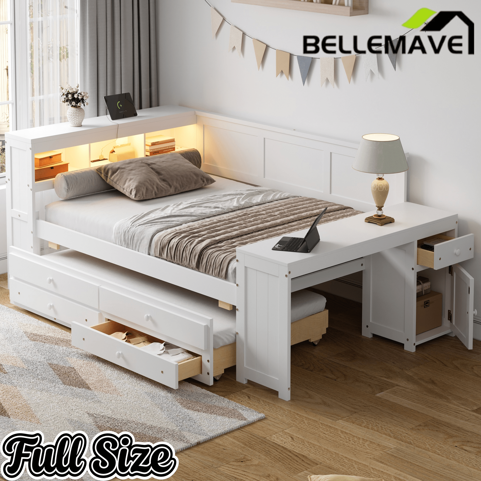 Bellemave® Full Corner Bed Frame, Full Size Captain beds with Storage Cabinets & Desk, Wood Daybed with Bookcase, Trundle & Drawers - Bellemave