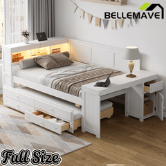 Bellemave® Full Corner Bed Frame, Full Size Captain beds with Storage Cabinets & Desk, Wood Daybed with Bookcase, Trundle & Drawers - Bellemave