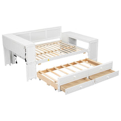 Bellemave® Full Corner Bed Frame, Full Size Captain beds with Storage Cabinets & Desk, Wood Daybed with Bookcase, Trundle & Drawers - Bellemave