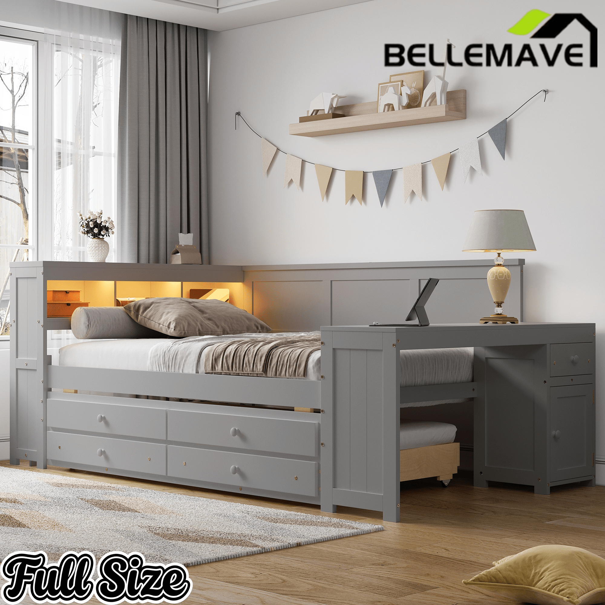 Bellemave® Full Corner Bed Frame, Full Size Captain beds with Storage Cabinets & Desk, Wood Daybed with Bookcase, Trundle & Drawers - Bellemave